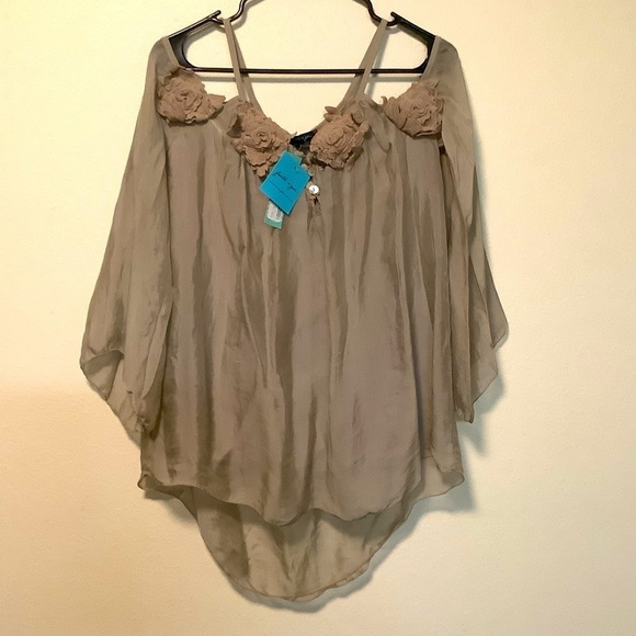 Faith & Zoe Jill rose whimsigoth fairycore lined large tan silk blend blouse top - Picture 1 of 12